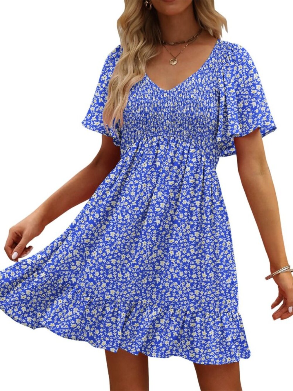 Womens Floral Smocked V Neck Casual Summer Sun Dresses